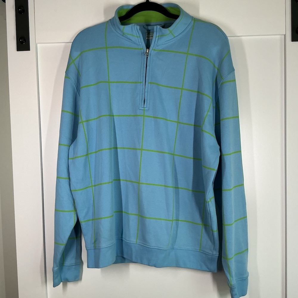 $95 ALAN FLUSSER PERFORMANCE GOLF 1/3 ZIP‎ SWEATER LARGE Blue Green windowpane